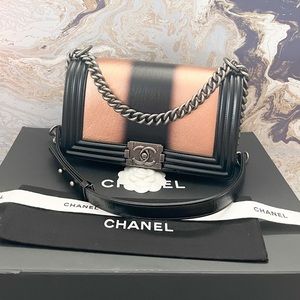 Chanel Metallic Glazed Calfskin Medium Boy Gold Black Flap Shoulder Bag
